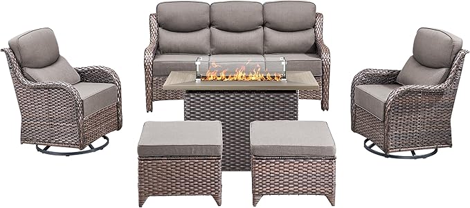 Luxury High Back Outdoor Furniture 6-Inch Thick Cushions with 50,000 BTU Gas Propane Fire Pit Tablet, Patio Furniture Set with Swivel Chairs, 6 PCS for Porch, Balcony, Deck and Yard