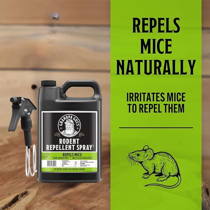 Grandpa Gus's Rodent Repellent Spray with Sprayer, Natural Peppermint & Cinnamon Oils Repel Mice and Stop Rats, 1 Gallon (Pack of 1)