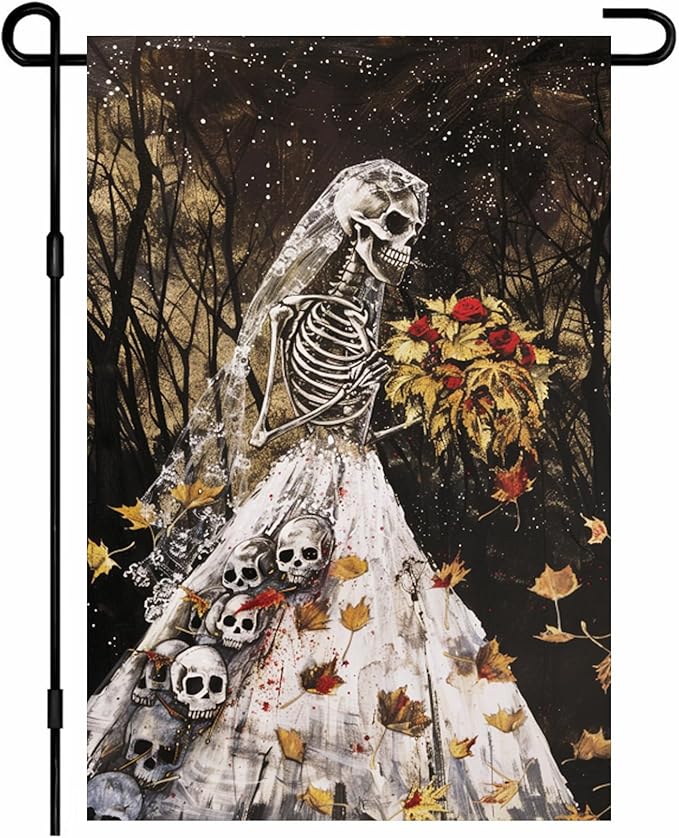 IVN Halloween Garden Flag 12x18 Inch Skeleton Bride Skulls Gothic Spooky Haunted Fall Leaves Forest Double Sided Outdoor Decor Welcome Flag for Yard Home Porch Patio Decorations
