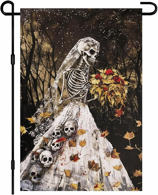 IVN Halloween Garden Flag 12x18 Inch Skeleton Bride Skulls Gothic Spooky Haunted Fall Leaves Forest Double Sided Outdoor Decor Welcome Flag for Yard Home Porch Patio Decorations