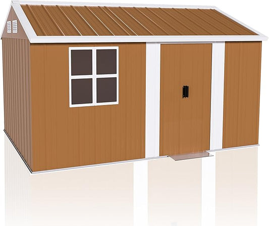 Outdoor Tool Shed 8x12 FT Heavy-Duty Metal Storage Shed with Lockable Door, Windows & Ventilation - Weather-Resistant Roof Garden Shed for Backyard, Patio, Lawn (Brown)