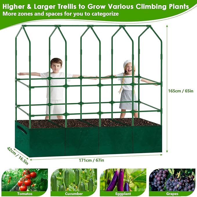 Large Cucumber Trellis for Climbing Plants with Grow Bag, 67"×65"×16.5" Metal Garden Trellis for Raised Bed with Garden Netting and Plant Clip Plant Ties for Vegetables, Squash, Pea, Grape, Tomato