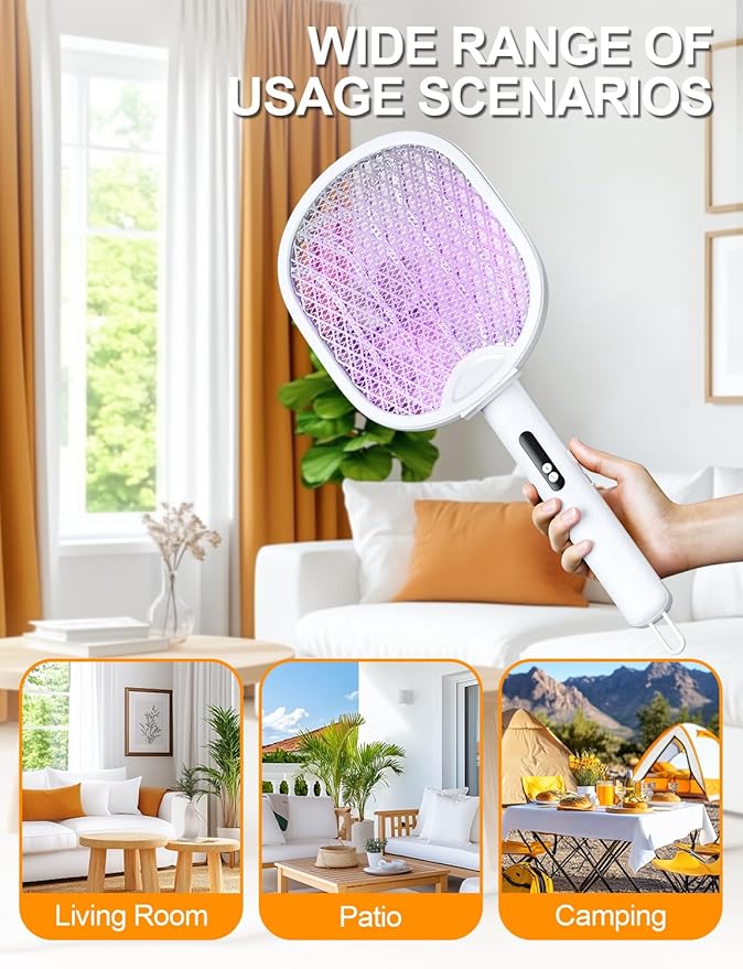Electric Fly Swatter 3 in 1 Bug Zapper Racket with 4000V 1800mah Battery 5-Layer Safety Mesh 180° Foldable Electric Mosquito Swatter Suitable for Indoor or Outdoor