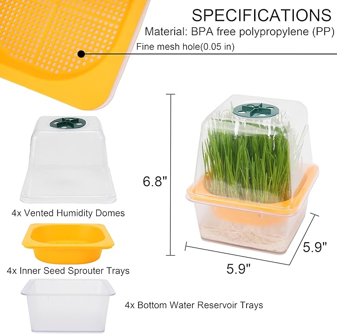 Microgreen Growing Trays, LUVCSOY Sprouting Tray with Humidity Dome, 1.2 mm Small Mesh Holes, BPA Free, Sprouter Kit for Growing Mirco Seeds, Like Broccoli, Alfalfa, Radish, Clover - 4 Pack | Clear