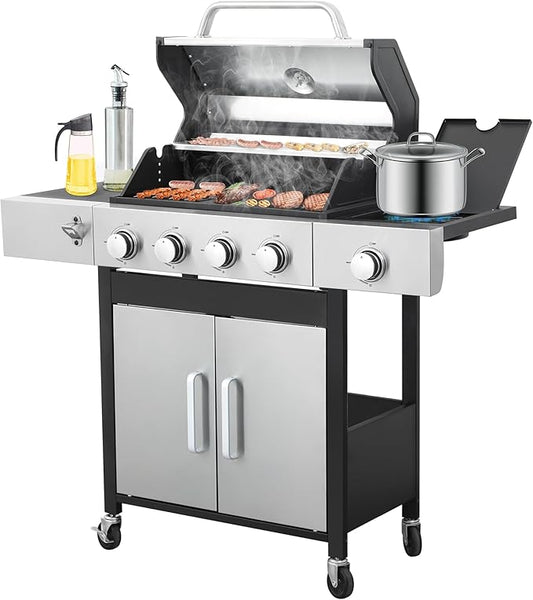 4-Burner Propane Gas Grill with Side Burner, 46,000 BTU Outdoor BBQ Grill with Porcelain-Enameled Cast Iron Grates and Griddle Pan, Built-in Thermometer Stainless Steel Grill for Outdoor Cooking
