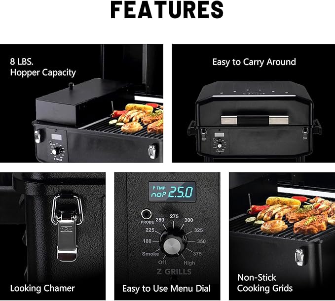 Z GRILLS ZPG-200APro Portable Tabletop Wood Pellet Grill and Smoker, Digital Control, 8 in 1 BBQ Grill for Outdoor Kitchen, Backyard, 202 Sq Inches of Cooking (Black)