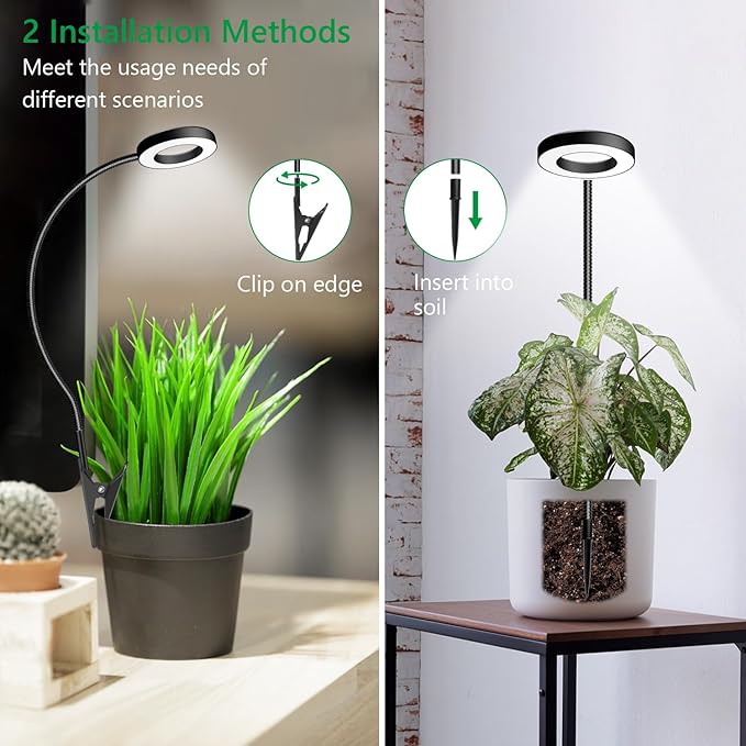 Clip on Grow Light, 6000K Halo Plant Lights for Growing Small Plants, LED Full Spectrum Grow Lamp with 6/12/16H Timer, 5 Dimmable, 3 Modes, 2 Installation Options Clip or Plug