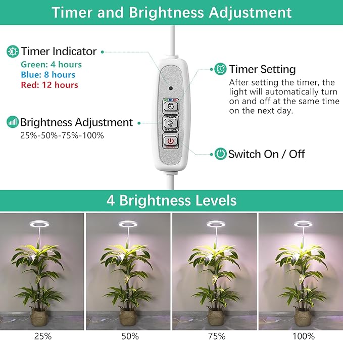 LORDEM Full Spectrum LED Grow Lights, Brightness Adjustable Plant Lamps with Auto On/Off Timer, Height Adjustable Growing Lights for Indoor Plants, Pack of 2