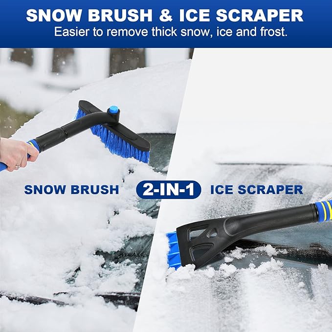 34" Extendable Ice Scrapers for Car Windshield 2-in-1 Snow Brush for Car Snow Scraper for Car Snow Scraper and Drush with Ergonomic Foam Grip for Cars, Trucks, SUVs with 360° Pivoting Brush Head Blue
