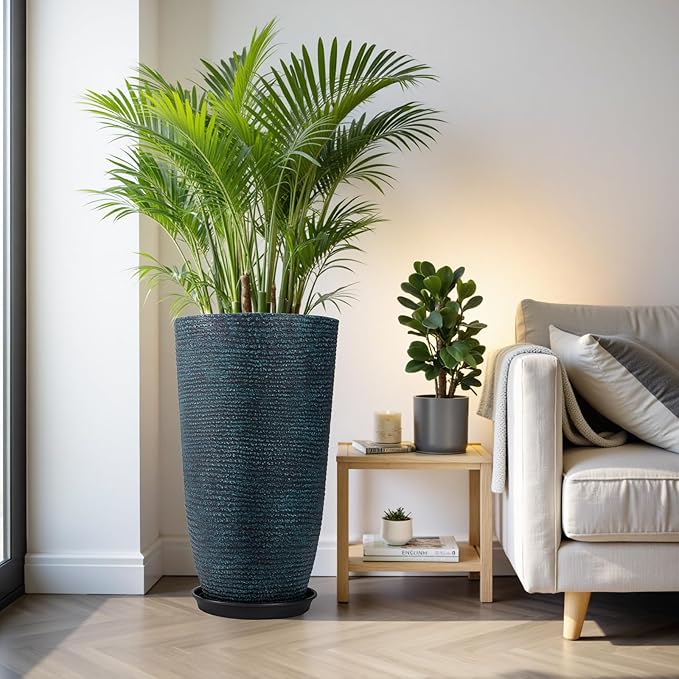 QCQHDU Large Tall Blue Planters with Saucer - 9 Gallon 12" Diameter x 21" H Faux Stone Round Pots for Indoor Plants, Outdoor Patio & Porch Decor, Heavy Duty Weatherproof Plant Containers