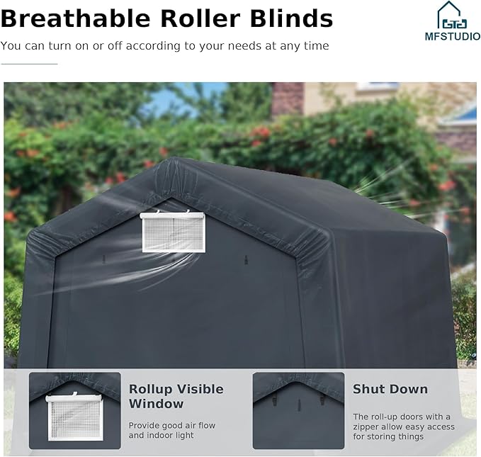 MFSTUDIO Outdoor Storage Sheds 10x15 ft, Portable Carport Shelter Garages Heavy Duty Canopy with Rolled up Zipper Doors, Outside Utility Shed Garage Tent for Patio Furniture, Vehicles and Tools