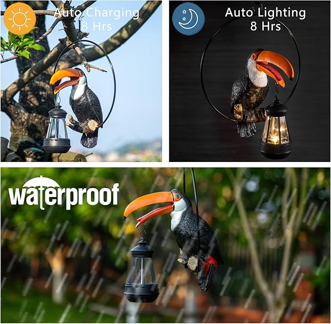 Solar Toucan Tree Hug Tree Decoration Hanging Garden Statue 12.5-inch Resin Tropical Animal Lawn Exotic Bird Sculpture for Lawn, Porch, Patio,Outdoors Decoration