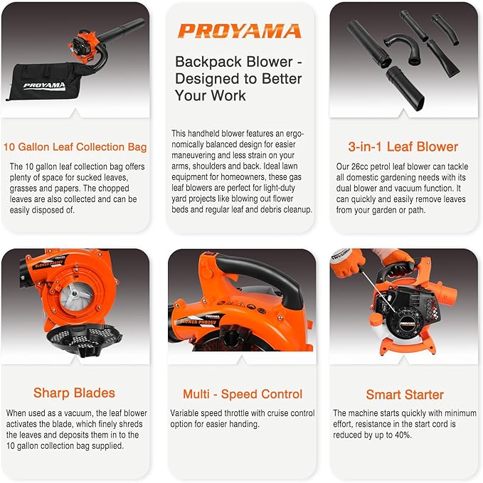 PROYAMA Gas Powered Leaf Blower, 3-in-1 26cc 2-Cycle Handheld Leaf Blower & Leaf Vacuum Mulcher, 412 CFM 200 MPH Cordless Blower with 10 Gallon Collection Bag for Lawn Yard Blowing Snow Dust Debris