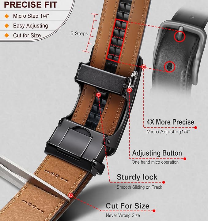 BULLIANT Men's Ratchet Belt 2 Pack-Click Leather Belt Adjustable for Men Gift 1 3/8-Cut for Perfect Fit