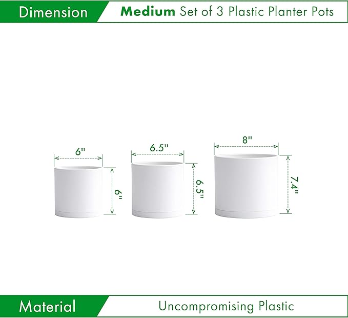 D'vine Dev 6 Inch 6.5 Inch 8 Inch, Set of 3 Plastic Planter Pots for Plants with Drainage Hole and Seamless Saucers, White Color, Medium, 74-V-A-3