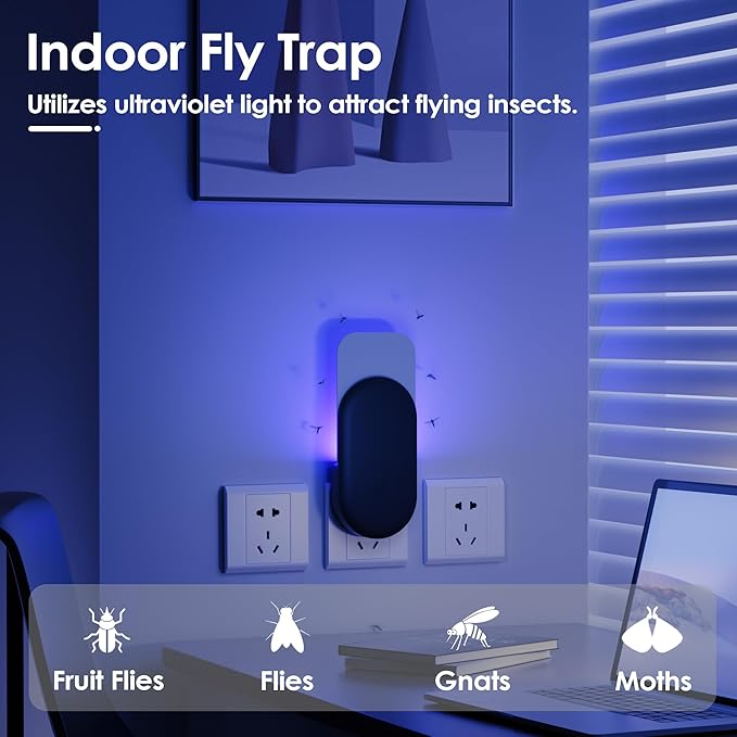 Fly Trap Indoor, 3 in 1 Plug-in Fruit Fly Trap,2 Trap Black and 10 Glue Cards, Fruit Fly Traps for Indoors, Flying Insect Trap for Gnat, Moth, Mosquito, Suitable for Every Part of The Home