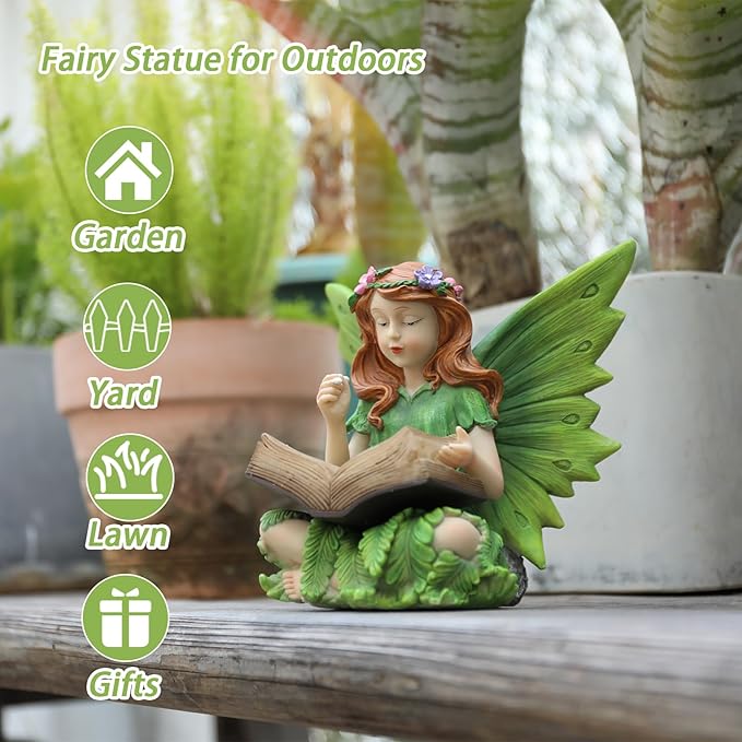 Fairy Garden Statues Outdoor Decor, Solar Fairy Lights Outdoor Lawn Ornaments Resin Sculptures Fairies Garden Decor for Outside Yard Art Patio Porch, Gifts for Women Mom