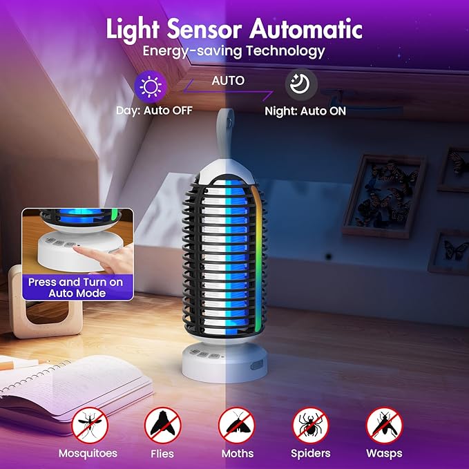 Bug Zapper Outdoor with Colorful Lighting and Auto-Sensing, 3 in 1 Cordless 4000mAh Battery Electric Fly Trap, Rechargeable Mosquito Zapper for Camping, Patios, Garden, Kitchen (2Pack-Black)