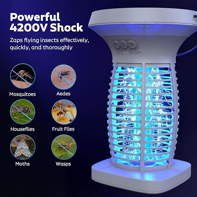 Bug Zapper Outdoor with Solar Panel, Electric Mosquito Zapper Waterproof Rechargeable Wireless for Indoor Outdoor