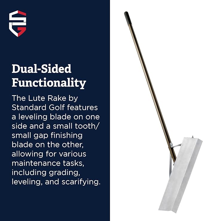 Standard Golf Magnum Lute - 36'' Reversible Flat Head Rake | Used for Golf Courses, Ball Fields, Asphalt Work Landscaping & More | 66'' Straight Handle with T Connection for Added Stability