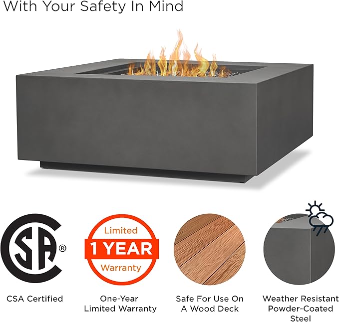 Real Flame Aegean 36”in Square Propane or Natural Gas Fire Pit Table, 50,000 BTU, Powder-Coated Steel, Push-Button Ignition, CSA Certified, Lava Rock, Storage Cover, Stainless Steel Burner with Lid