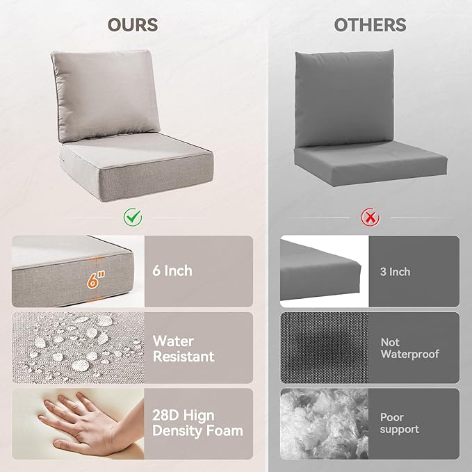 Luxury 6" Outdoor Cushions for Patio Furniture, 24x24x6 Thick Seat Cushion Set of 8, Fade Resistant Couch Chair Replacement Cushions High Density Deep Wicker Chair Cushion w/Removable Cover, Beige