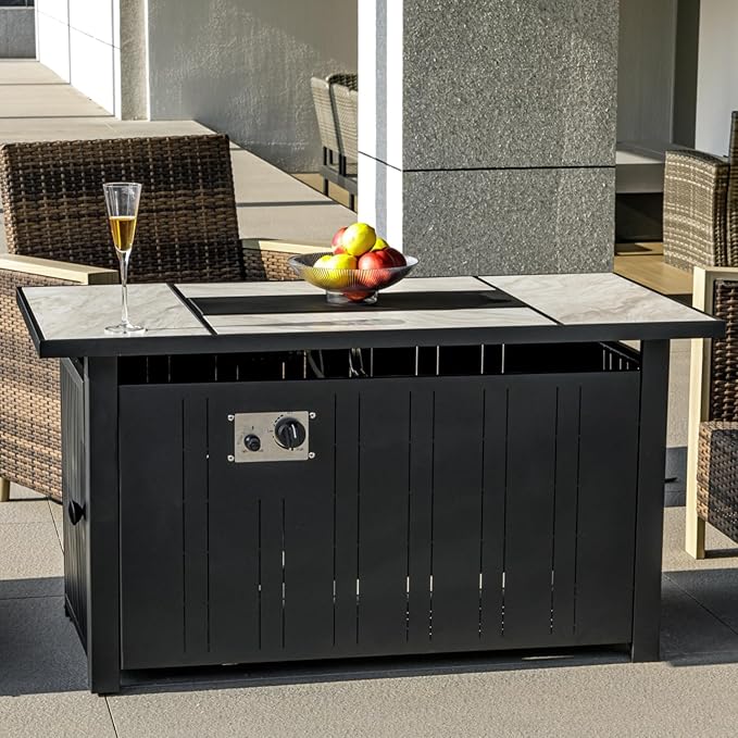 47" Propane Fire Pit Table with Real Ceramic Tabletop, 50000 BTU Gas Firepit Table with Lid & Glass Rock, Outdoor Fire Pit for Dining or Party, Firepit for Outside, Patio