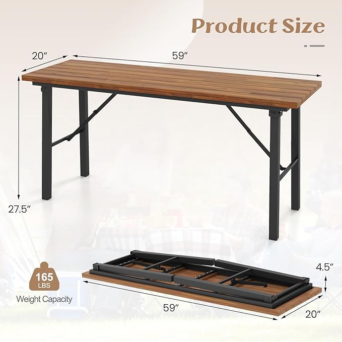 Tangkula Outdoor Dining Table With Benches for 4-6 Persons, No Assembly Foldable 59 Inches Narrow Patio Dining Table with Acacia Wood Top & Heavy Duty Metal Frame, for Yard, Garden, Poolside or Indoor