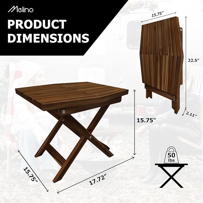 Melino Wooden Folding Outdoor Side Table, FSC Certified Acacia Weatherproof Side Tables, Wood Folding Small Table for Outdoor, Patio, Porch, Pool, Backyard, Garden, Balcony and Deck - Chestnut