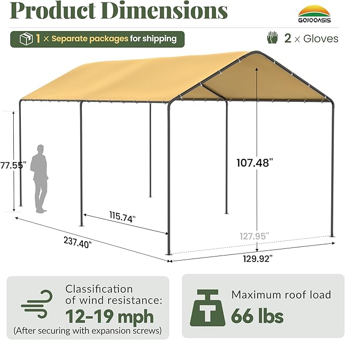 GOJOOASIS 10x20 Carport Heavy Duty Portable Garage Shelter Metal Car Canopy Tent with UV-Resistant & Weatherproof Top Cover for RV & Vehicles (Yellow, 10x20 Without sidewalls)