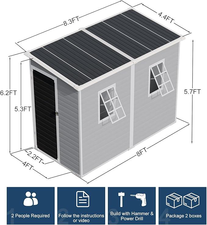 8x4 FT Resin Storage Sheds with Floor and Adjustable Openable Windows, Large Waterproof Garden Sheds with Base, Outside Plastic Sheds with 2 Windows for Backyard Garden Patio Lawn Tools Storage, Gray