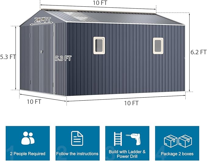 Restland 10x10 FT Outdoor Storage Shed Reinforced Frame Metal Shed with Clear Roof, Air Vent & Lockable Door Large Garden Tool Storage Sheds for Backyard, Garden, Lawn