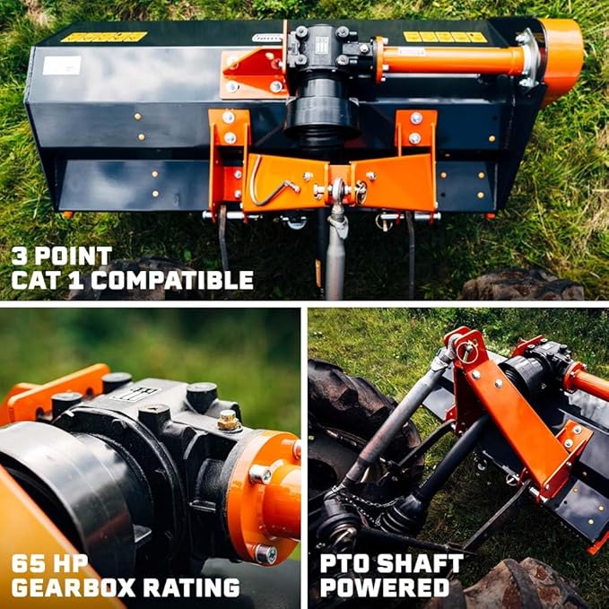 Titan Attachments 3 Point 60" Flail Mower with Replaceable Forged Hammer Blades, PTO Powered 30-60HP Mowing Attachment for Category 1 Tractors and Loaders, Mulch up to 3" Diameter Wood