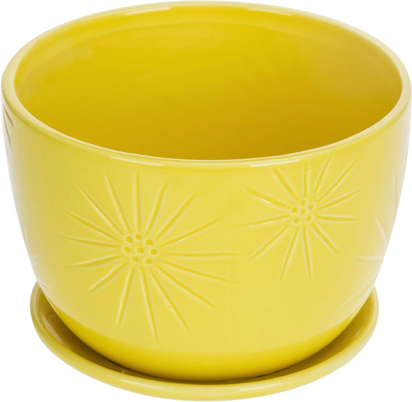 MyGift 7 Inch Round Yellow Ceramic Plant Pot with Drainage Hole and Attached Saucer, Modern Decorative Embossed Sunburst Planter Container for Indoor Home Garden