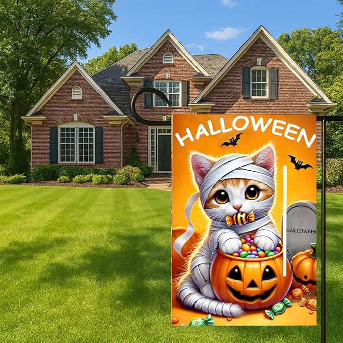 Halloween Garden Flag 11.81 x 17.72 Inch Cute Kitten in Mummy Costume with Pumpkin Candy Bucket Bats and Gravestone Outdoor Yard Decoration for Holiday Party