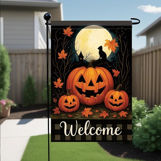 Halloween Garden Flag Pumpkin Cat Full Moon Flag 12x18 Inch Double Sided Outdoor Yard Banner for Trick or Treat Haunted House Fall Halloween Decoration Decor