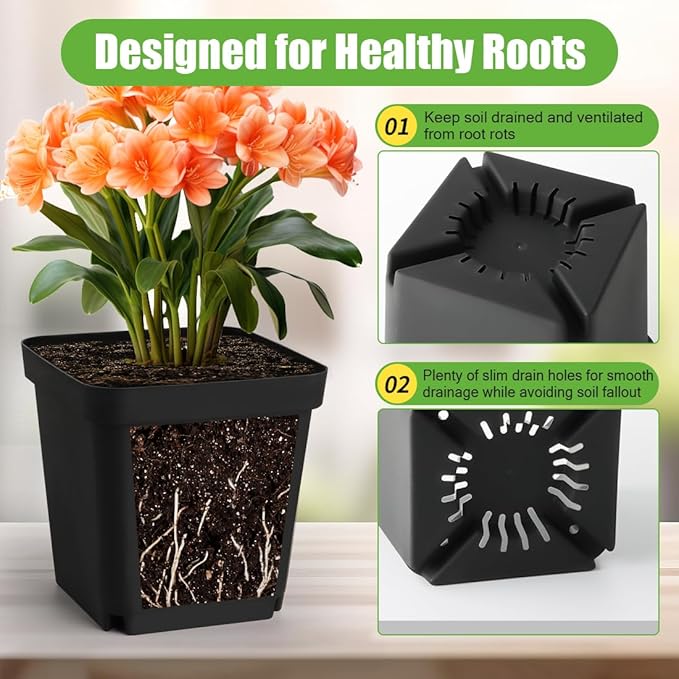 Square Nursery Pots 5.5 Inch, Plastic Plant Pot with Drainage Holes, Reusable Seedling Starter Pots Garden Flower Pots Planters for Indoor Plants, Transplanting, Succulents, Cuttings