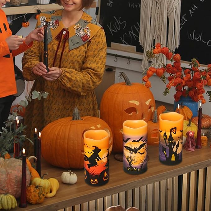 DRomance Halloween Flameless Candles with Magic Wand Remote and Timer, Battery Operated LED Flickering Pillar Candles Real Wax Castle Witch Bats Halloween Decoration Indoor(3 Pack, 3 x 6 Inches)