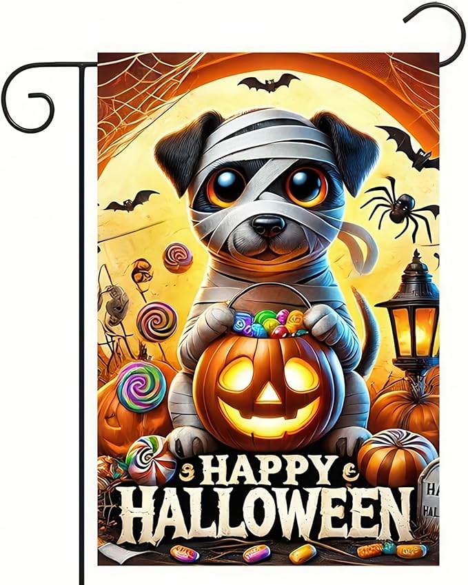 Happy Halloween Garden Flag 12x18 Double Sided Mummy Puppy Ghost Skeleton Dog Garden Flag Candy Trick or Treat Pumpkin Flag Halloween Decorations Banner Fall Décor Outdoor Lawn Yard Flag