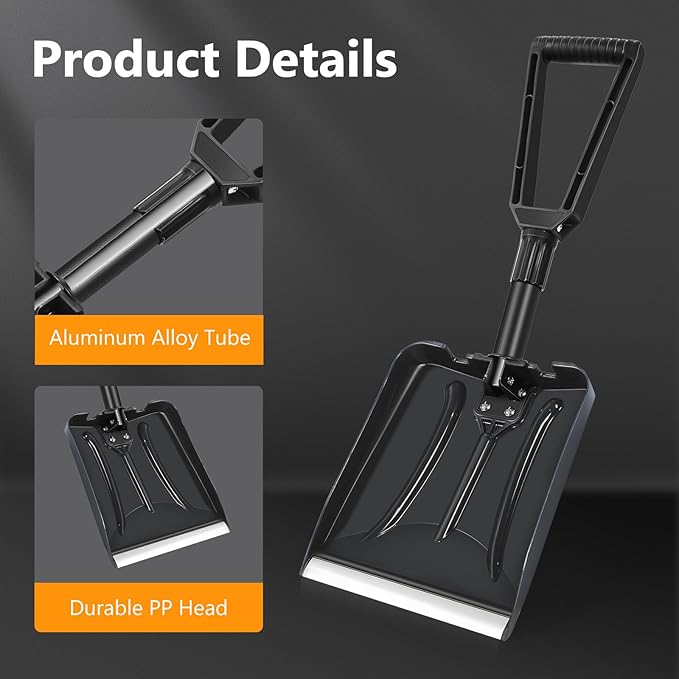 SHANTRA Folding Snow Shovel with Aluminum Edge, D-Grip Portable Shovel for Snow Removal, Lightweight Emergency Snow Shovel, Multifunctional Collapsible Shovel, Shovel For Car Driveway, Garden, Camping