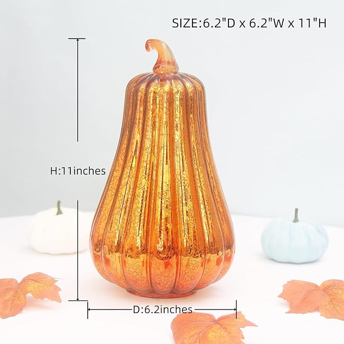 Mercury Glass Pumpkin Lights with Timer, Battery Operated Led Pumpkin Lights for Halloween Fall,Thanksgiving Rustic Decor (Gold Common, 11")