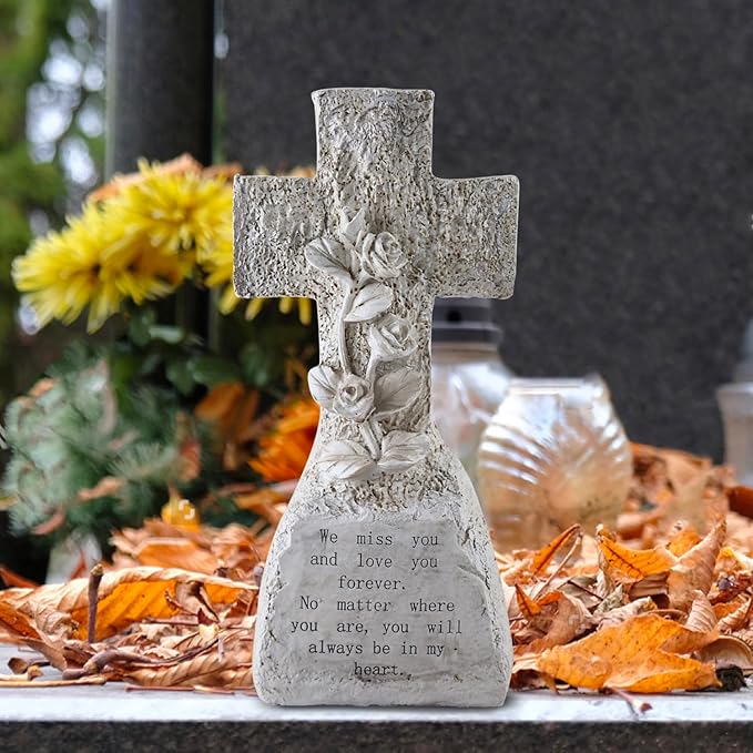 bocola Elegant Memorial Resin Cross with 3D Roses - Honor Your Loved Ones with Grace and Beauty Suitable for Cemetery Grave Indoor Memorial Decoration
