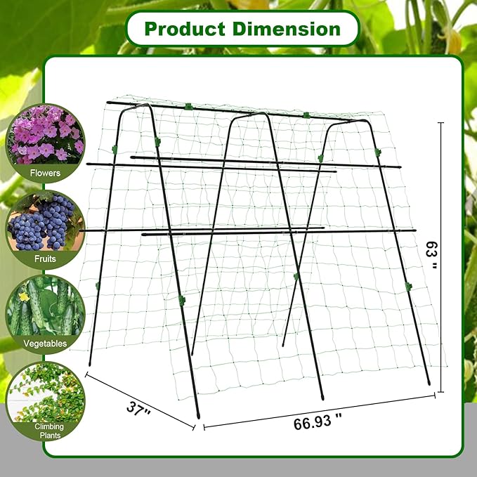 Garden Arch Trellis for Climbing Plants Vegetable Outdoor 67" x 63" A-Frame Cucumber Trellis with Climbing Netting & Plant Clip Tomato/Pea/Zucchini/Squash Trellis for Raised Garden Bed