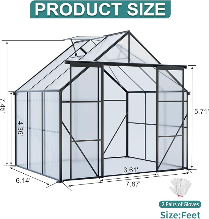 KEIKI 8x6 FT Double Door Upgrade Polycarbonate Greenhouse with Aluminum Frame,Raised Base and Roof Vent,Walk-in Greenhouses for Patio Garden