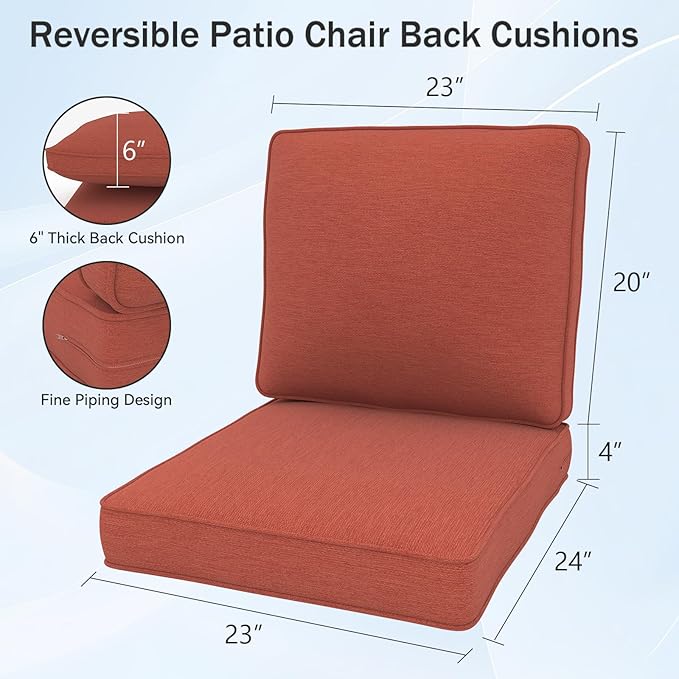 Outdoor Chair Cushions 23" x 24" x 4", Patio Deep Seat Replacement Cushions Set with Zippered Removable Cover, Weather-Resistant Olefin Fabric for Garden Chair Sofa Couch, Set of 2, Red