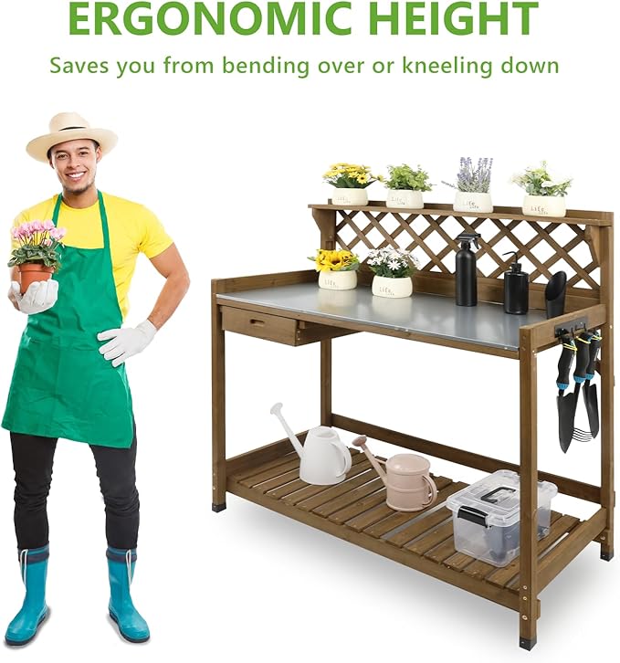 Garden Potting Benches & Tables,Outdoor Wooden Work Station W/Metal Table Top,Drawer,Large Bottom Shelf,Open Shelf Natural Wood-Natural Stained