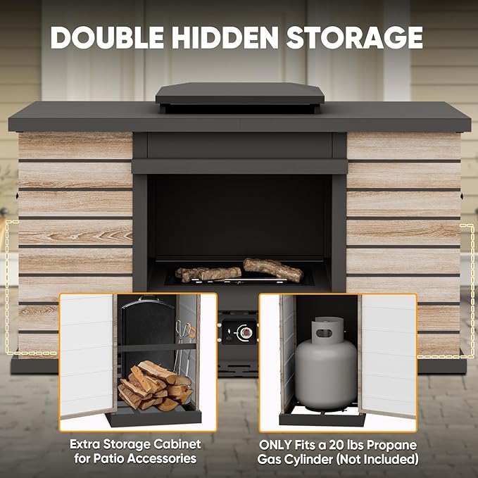 63'' Outdoor Propane Fireplace with Tank Storage & Extra Storage Cabinet, CSA Certified 50,000 BTU Patio Firepit with Dust Cover for Garden, Backyard and Balcony, Gray/Beige
