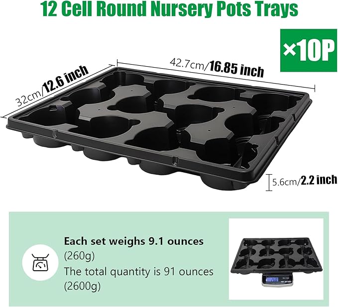 12 Cell Round Nursery Pots Trays Thickened Durable Seedling Pots Shuttle Carrying Trays for Holding 4 inch Nursery Pots (16.85" × 12.6", 10-Pack)