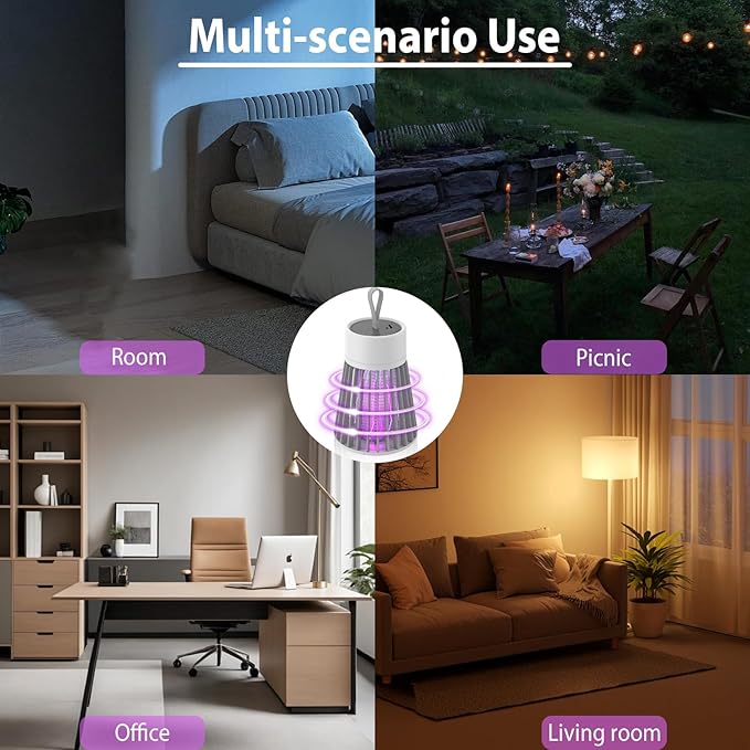 Mosquito Zapper, Hanging Rechargeable Bug Zapper Mosquito Killer Lamp - Portable UV Insect Trap for Indoor/Outdoor, USB-Powered with Grid for Camping, Bedroom, Patio, Kitchen