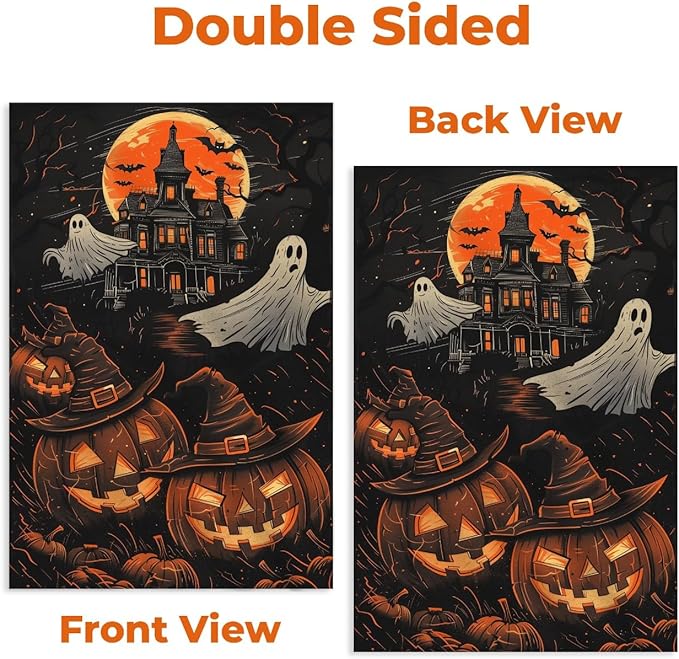 Halloween Garden Flag 12x18 Double Sided – Haunted House with Ghosts & Pumpkin, Halloween Yard Flag for Outside, Durable Fall Outdoor Flag, Weatherproof